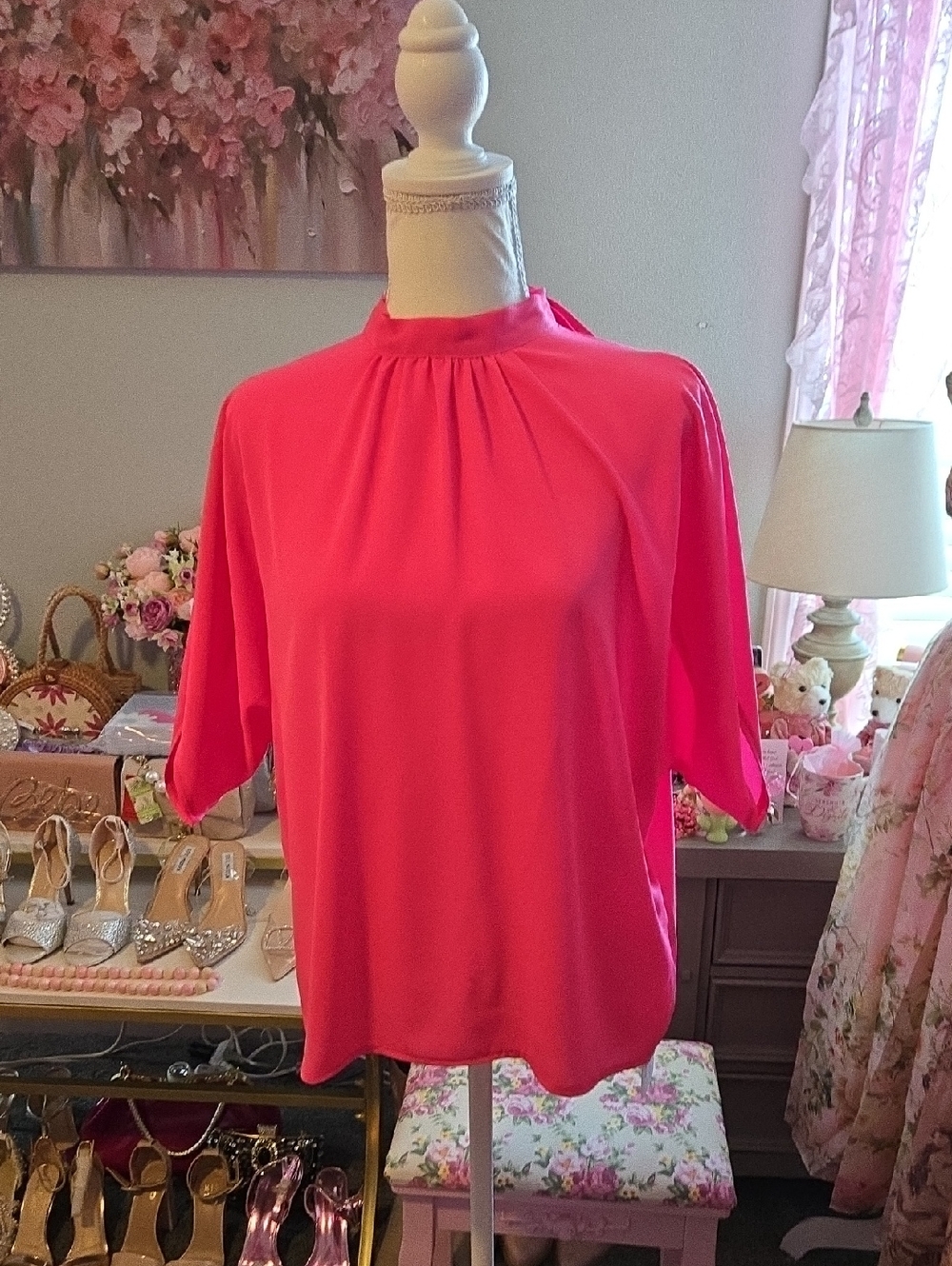 Rouge! Bright Hot Pink High-Neck Blouse
